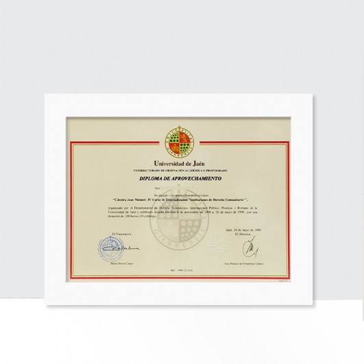 Marco madera blanco para enmarcado diplomas/titulos, perfil moldura 28x16mm, nº57 (todas medidas)